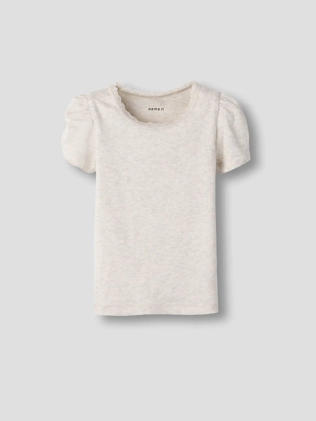 Kinder T-Shirt aus Ripp Baumwolle in beige melange mit Puffärmeln, erhältlich bei Bärechind Winterthur Zürich Schweiz.