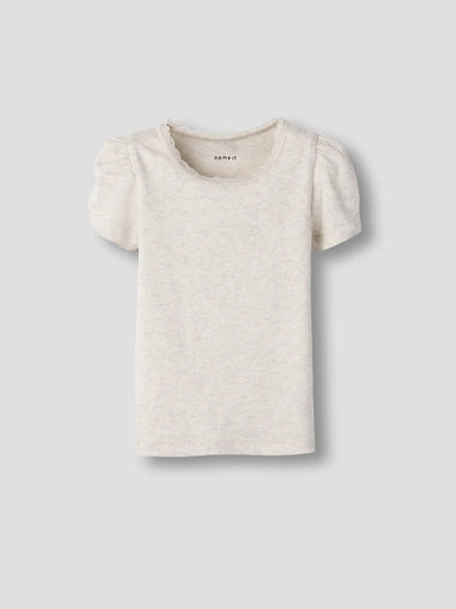 Kinder T-Shirt aus Ripp Baumwolle in beige melange mit Puffärmeln, erhältlich bei Bärechind Winterthur Zürich Schweiz.