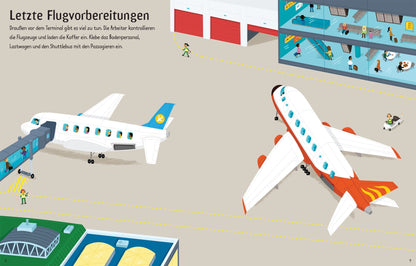Stickerseite mit Flughafenteam und startenden Flugzeugen zum Ausgestalten