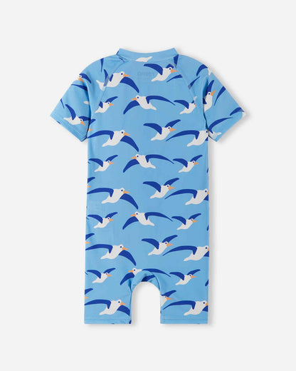 UV Anzug Baby Kinder kurzarm Fresh Blue mit Möwen UV Schutz 50+ Sommer Bademode Schweiz
