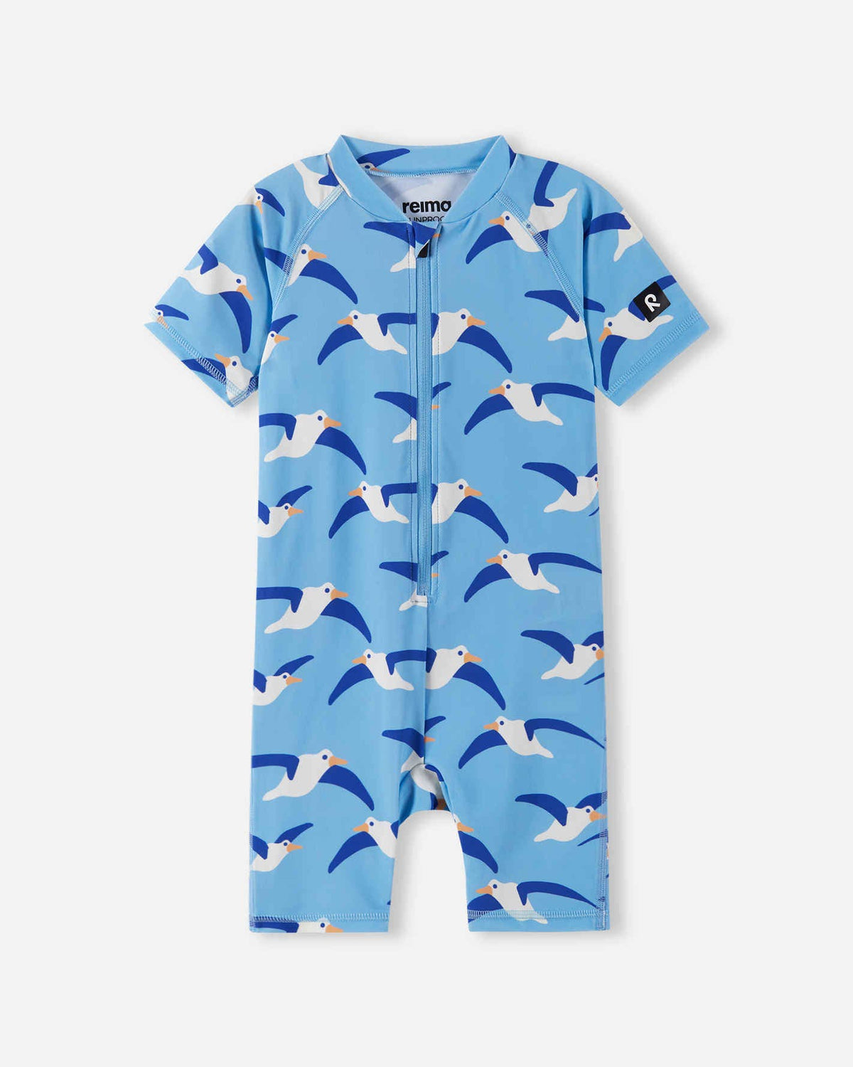 UV Overall Kinder UVP50+ Atlantti Fresh Blue mit Möwen Muster nachhaltige Bademode Schweiz