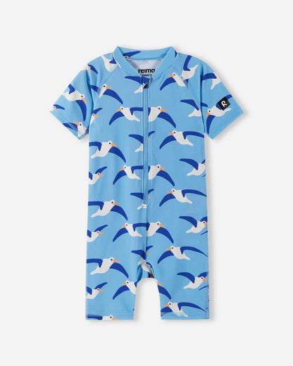 UV Overall Kinder UVP50+ Atlantti Fresh Blue mit Möwen Muster nachhaltige Bademode Schweiz