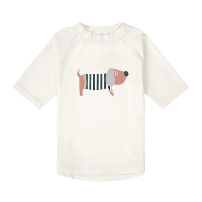 Weisses Kinder UV Shirt kurzarm mit Beach Dog Motiv von Lässig bei Bärechind Winterthur Zürich Schweiz