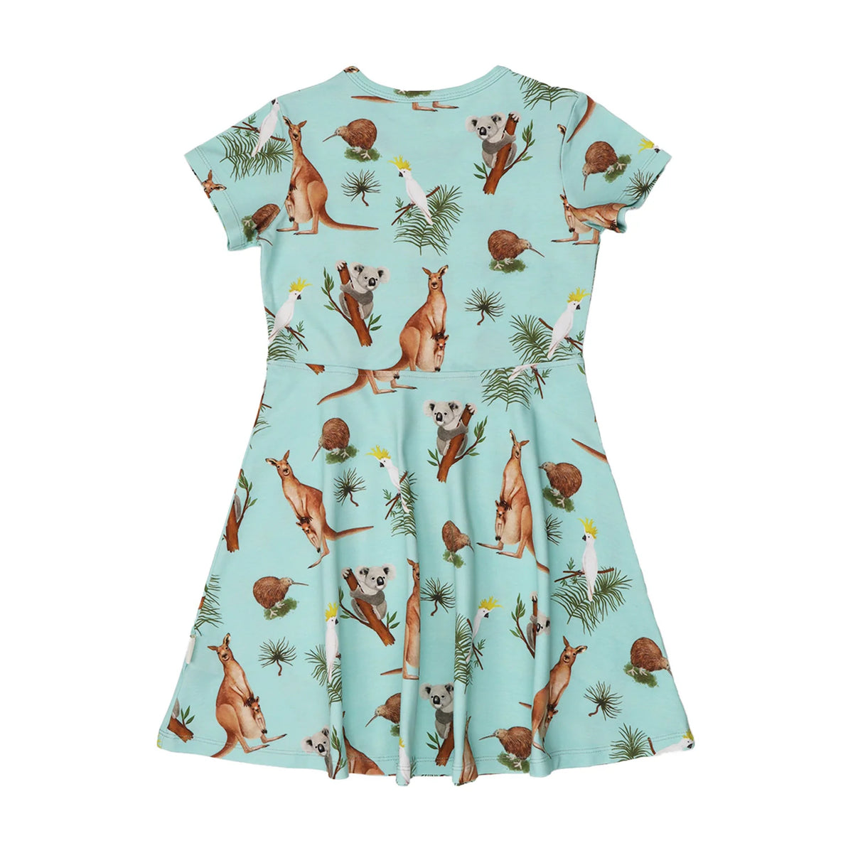 Walkiddy Kinderkleid Rückseite mit Känguru Koala und Kakadu Tierprint aus Bio Baumwolle – Bärechind Kinderladen Winterthur Zürich Schweiz