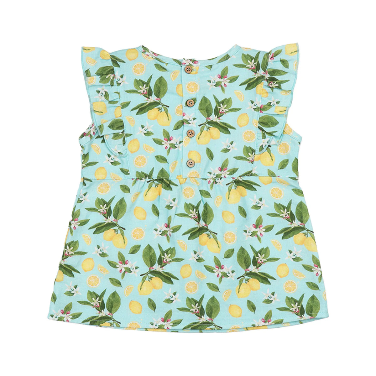 Walkiddy  Kinder Zitronen Bluse Rückseite mit Knöpfen und Zitronen Print aus Bio Baumwolle – erhältlich bei Bärechind Winterthur Zürich Schweiz