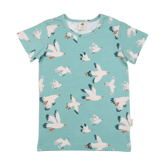 Walkiddy Seagulls Kinder T-Shirt in Türkis mit weissen Möwen und kurzen Ärmeln, nachhaltige Kindermode im Bärechind Winterthur.