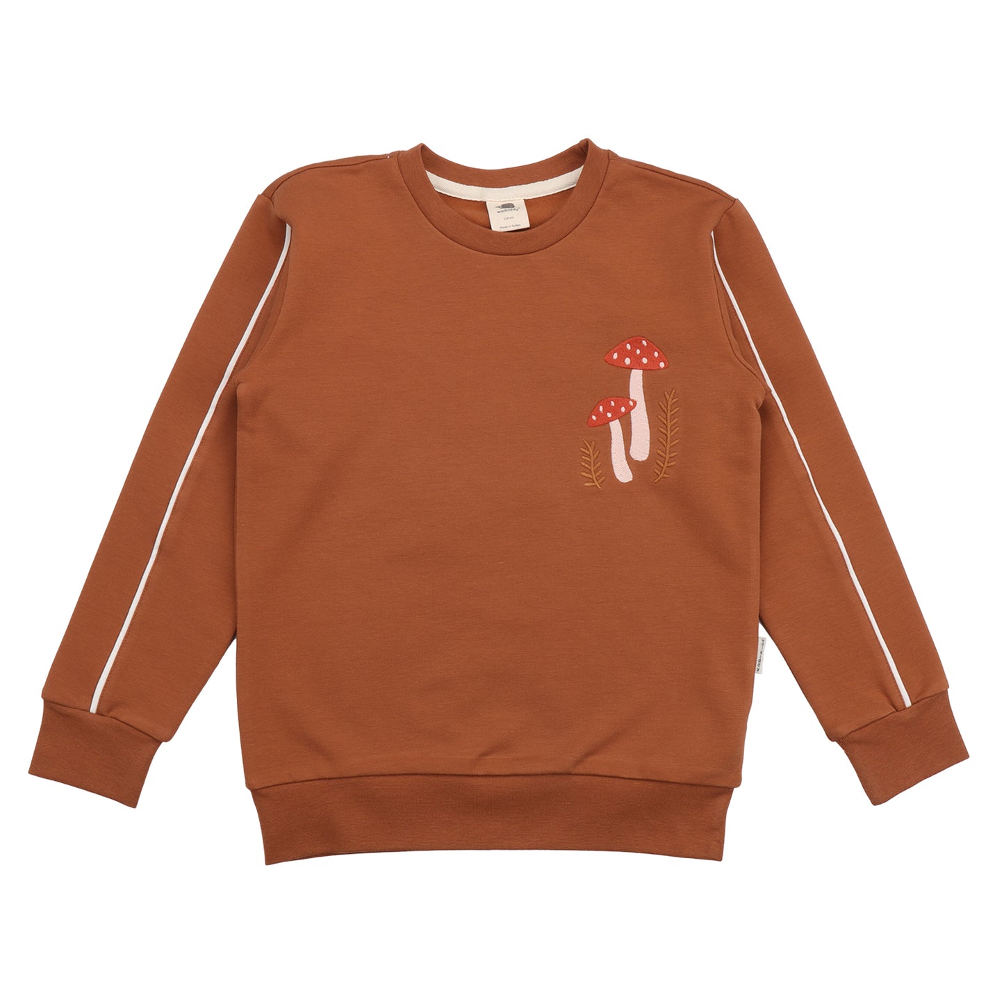 Rostbraunes WALKIDDY Sweatshirt mit Pilzstickerei aus Bio-Baumwolle – erhältlich bei Bärechind in Winterthur, Zürich Schweiz.

