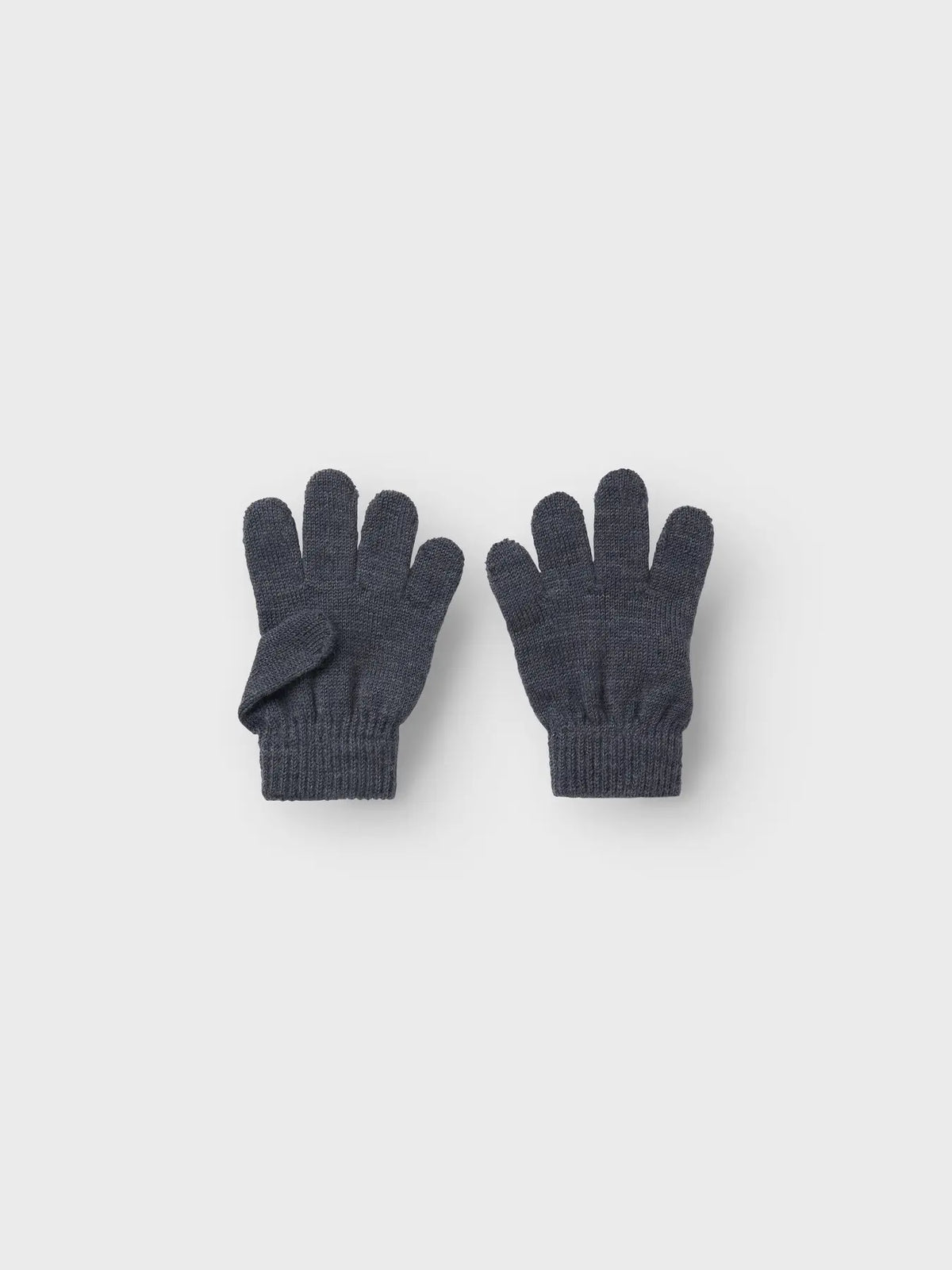 Dunkelblaue Kinder-Wollhandschuhe von Name it, flachliegend nebeneinander.