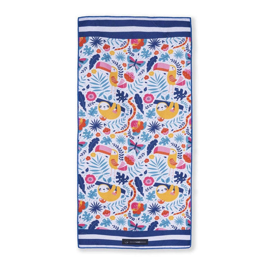 Woods & Waves Kinderstrandtuch Jungle Fever mit buntem Dschungel und Tiermotiv aus schnelltrocknender Mikrofaser