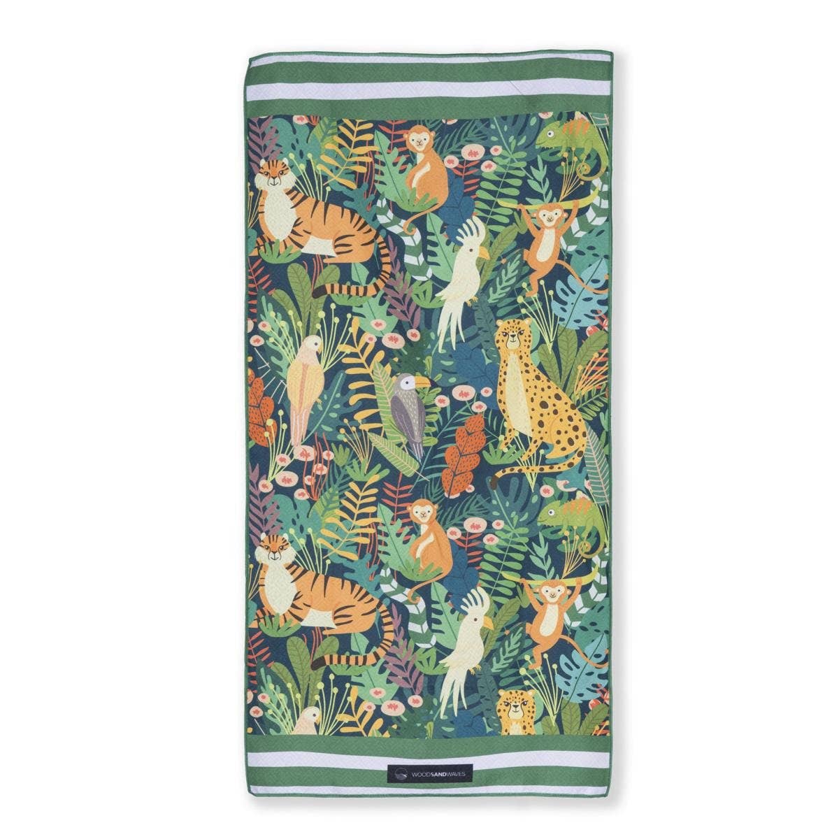 Woods & Waves Kinderstrandtuch mit Dschungelmotiv, Tiger, Affen und Tieren aus schnelltrocknender Mikrofaser