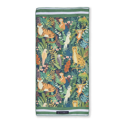 Woods & Waves Kinderstrandtuch mit Dschungelmotiv, Tiger, Affen und Tieren aus schnelltrocknender Mikrofaser