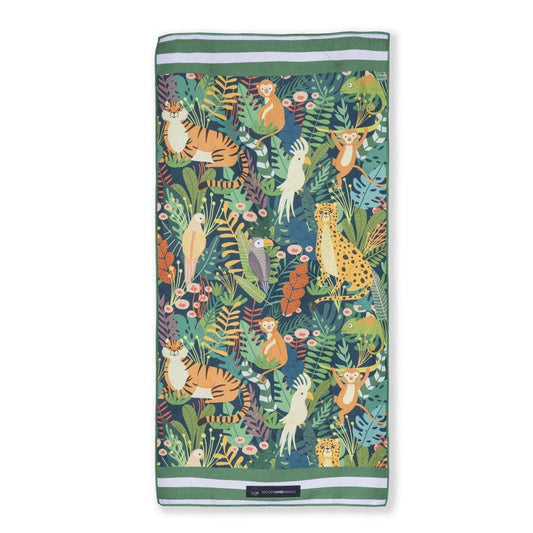 Woods & Waves Kinderstrandtuch mit Dschungelmotiv, Tiger, Affen und Tieren aus schnelltrocknender Mikrofaser